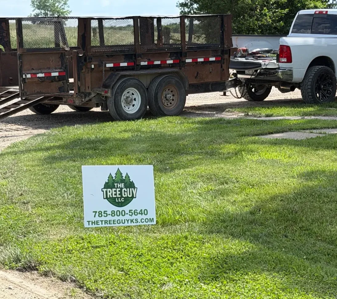 The Tree Guy LLC truck, dump trailer and yard sign at a job in Garnett
